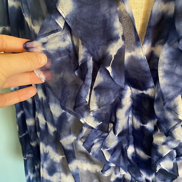 Lafayette 148 New York silk tie dye ruffle chest button bishop sleeve top 24 - Picture 2 of 9
